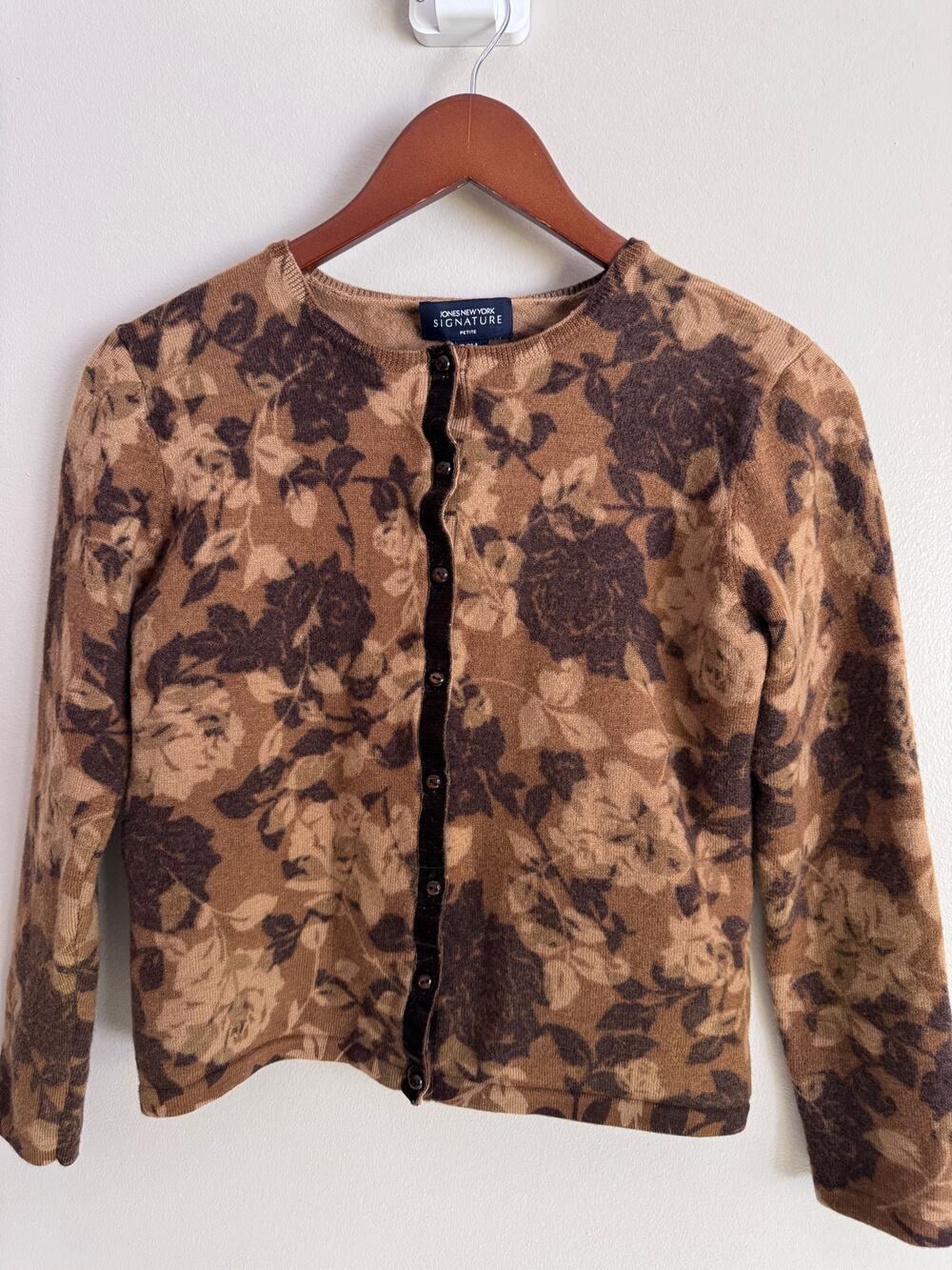 Jones New York Signature 100% Merino Wool Floral Cardigan Petite M